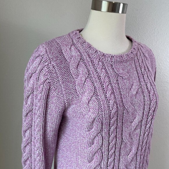 LL Bean Womens Medium Cable Knit Sweater Purple Heather Long Sleeve Crewneck - Picture 2 of 8